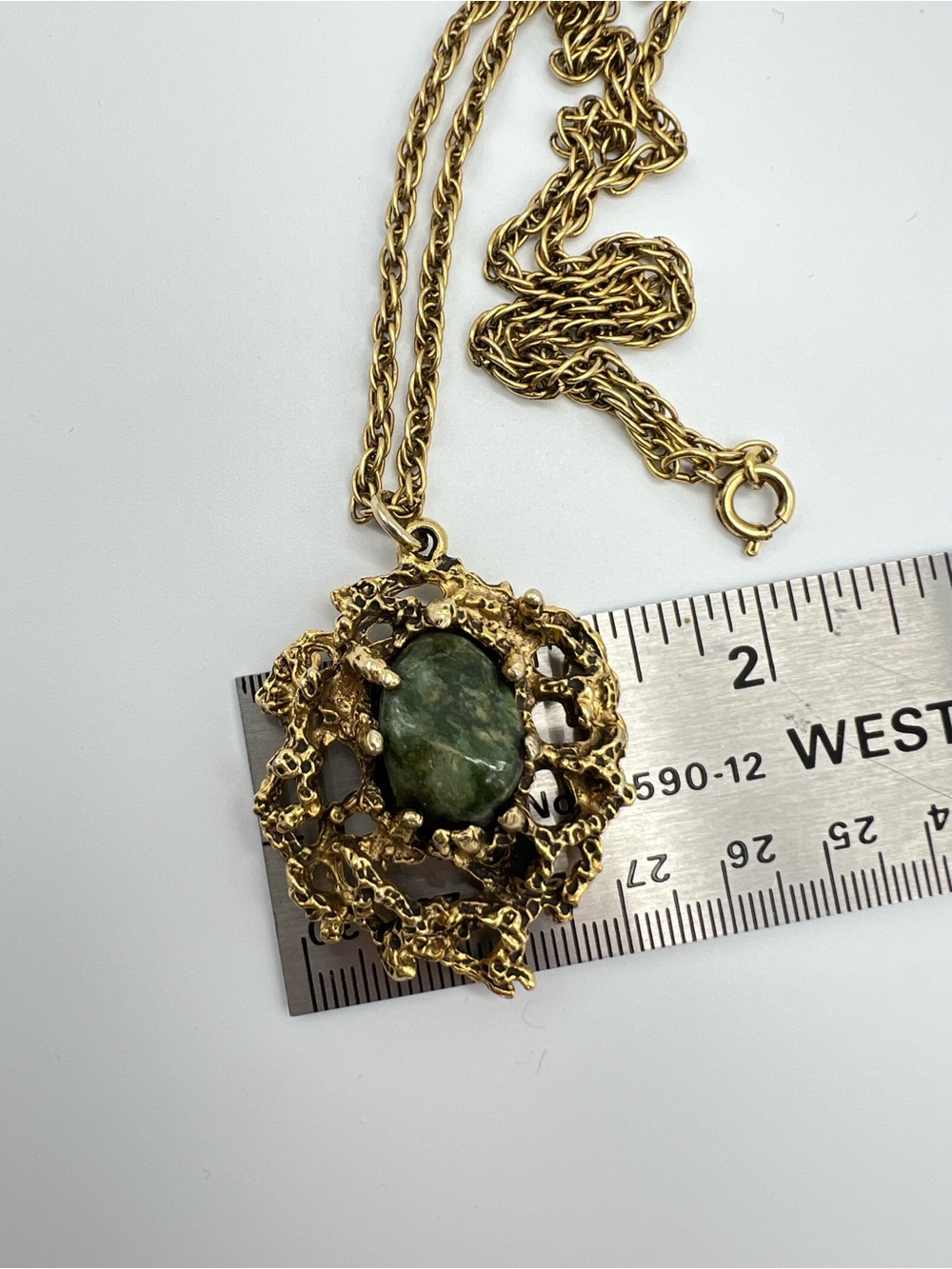 VTG Brutalist Moss Agate Pendant • Gold Tone • Organic Statement - Picture 6 of 10